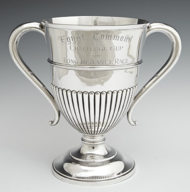 Sterling Presentation Trophy, Sheffield, 1913, engraved: Sterling Presentation Trophy, Sheffield, 1913, engraved "Egypt Command Challenge Cup for Long Distance Race, 1913, 2nd Batt. Devonshire Regt." by Atkin Brothers, Wt.- 20.15 troy oz., H.- 7 7/8 in., W.