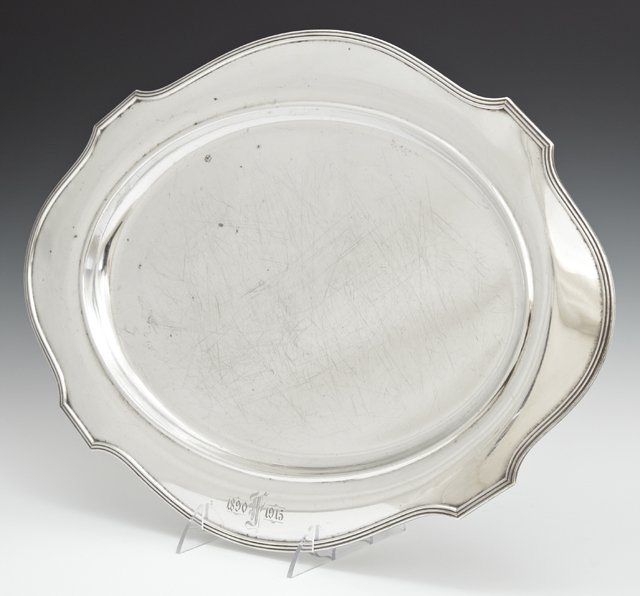 Sterling Platter, c. 1915, by Gorham, II A2796, with a: Sterling Platter, c. 1915, by Gorham, II A2796, with a reeded border, Wt.- 44.45 troy oz., H.- 7/8 in., W.- 19 1/8 in., D.- 13 7/8 in.