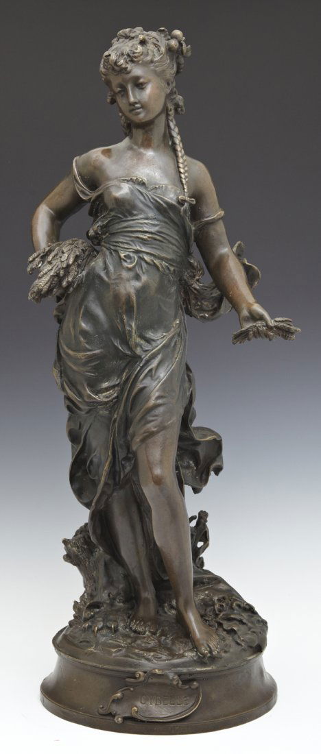 After Auguste Moreau (1834-1917, French), "Cybelle,": After Auguste Moreau (1834-1917, French), "Cybelle," patinated bronze figure, late 19th c., the circular base with an integral title cartouche at the center of the facade, signed on the rear edge, H.-