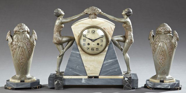 Art Deco Patinated Spelter, Marble, and Onyx Three: Art Deco Patinated Spelter, Marble, and Onyx Three Piece Clock Set, c. 1930, by S. Marti, time and strike, the geometric column clock flanked by two female dancers, on a geometric base, together with