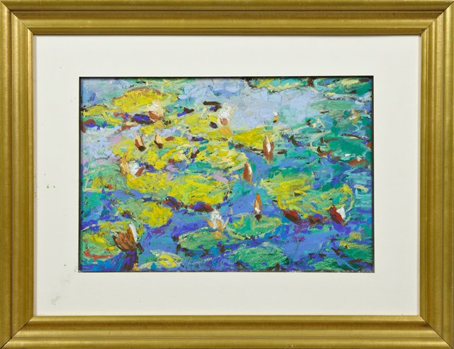 Joachim Cassel (New Orleans), "Monet's Lily Pads,": Joachim Cassel (New Orleans), "Monet's Lily Pads," 1998, oil on paper, signed and dated, l.l., framed, H.- 12 1/2 in., W.- 18 1/2 in.