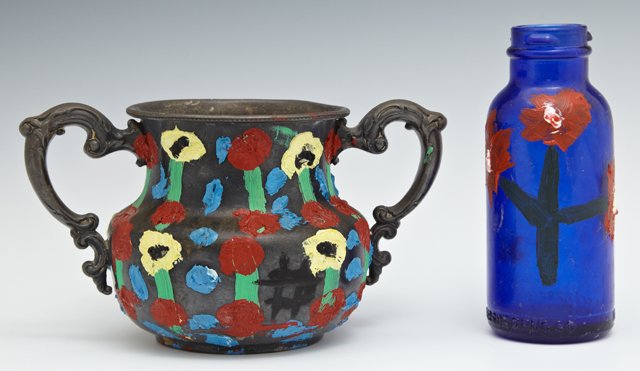 In the Manner of Clementine Hunter (1887-1988), "Flower: In the Manner of Clementine Hunter (1887-1988), "Flower Garden," c. 1975, oil on a handled silver plated sugar bowl, signed, H.- 3 3/4 in., W.- 7 in., D.- 4 1/4 in. together with, "Red Flowers," c. 19