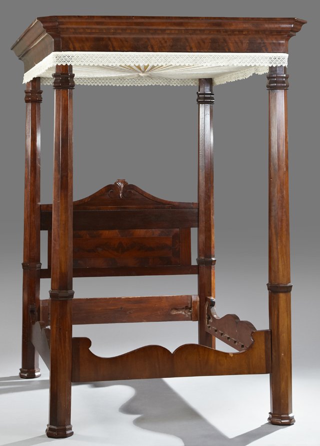 American Classical Style Carved Mahogany Full Tester: American Classical Style Carved Mahogany Full Tester Bed, 19th c., Southern, the ogee tester on tapered octagonal posts, with an arched headboard centered by scrolled carving, with serpentine rails an