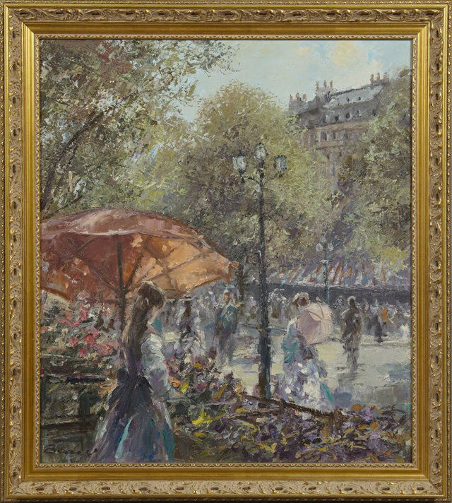 Hans Joseph Wilhelm Becker (1930- ), "On the Boulevard: Hans Joseph Wilhelm Becker (1930- ), "On the Boulevard in Paris," 20th c., oil on canvas, signed l.l., presented in a gilt frame, H.- 30 7/8 in., W.- 27 in.
