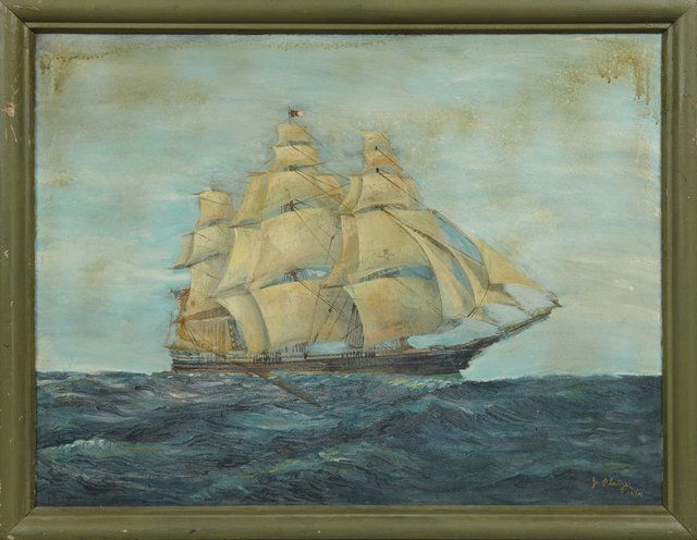 J. Platres, "Under Full Sail," 1931, oil on canvas,: J. Platres, "Under Full Sail," 1931, oil on canvas, signed and dated l.r., framed, H.- 23 1/2 in., W.- 31 1/2 in.