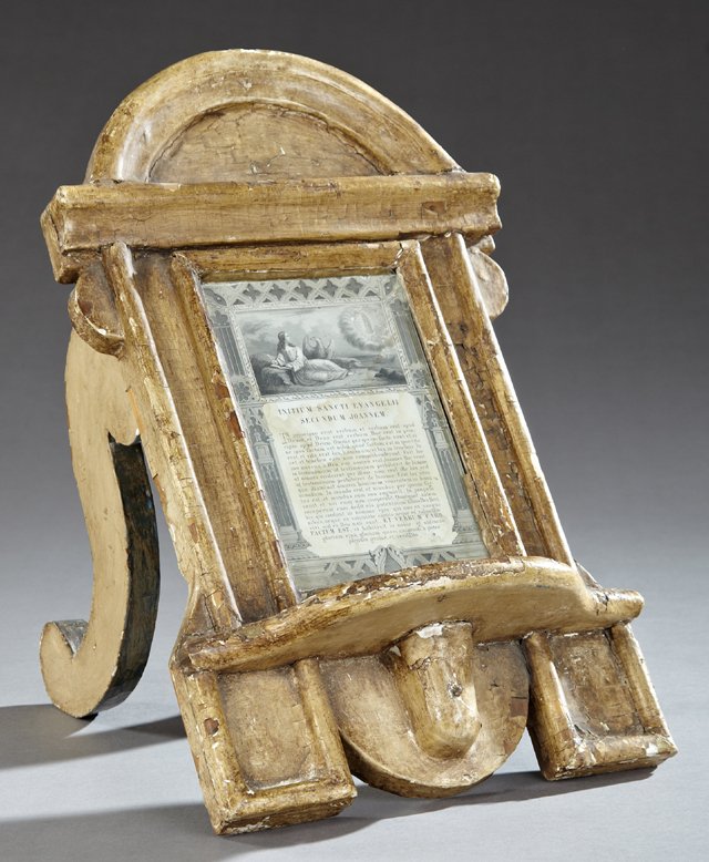 Polychromed Wood Table Top Easel, 19th c., with a steel: Polychromed Wood Table Top Easel, 19th c., with a steel engraving of Saint John and Angels, H.- 18 1/4 in., W.- 13 in., D.- 17 in.