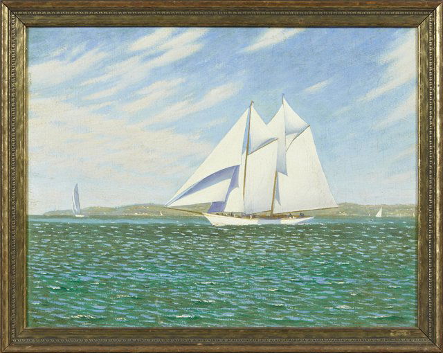 H. H. Daniels, "Under Full Sail," 1929, oil on board,: H. H. Daniels, "Under Full Sail," 1929, oil on board, signed and dated l.l., presented in a gilt frame, H.- 11 1/2 in., W.- 15 1/2 in.