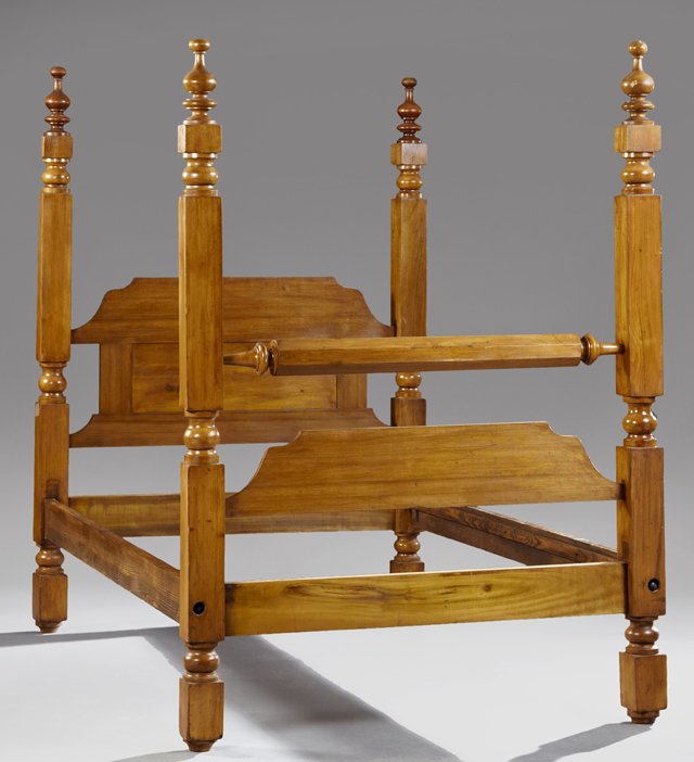American Carved Walnut Four Poster Bed, 19th c., the: American Carved Walnut Four Poster Bed, 19th c., the turned and block posts joined an arched inset panel headboard to an arched footboard with a horizontal octagonal tapered stretcher, H.- 80 in., W.-