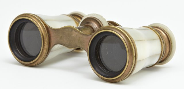 Pair of Mother-of-Pearl Opera Glasses, c. 1900,: Pair of Mother-of-Pearl Opera Glasses, c. 1900, retailed by White Bros., New Orleans, H.- 2 3/16 in., W.- 3 3/4 in., D.- 1 5/8 in.
