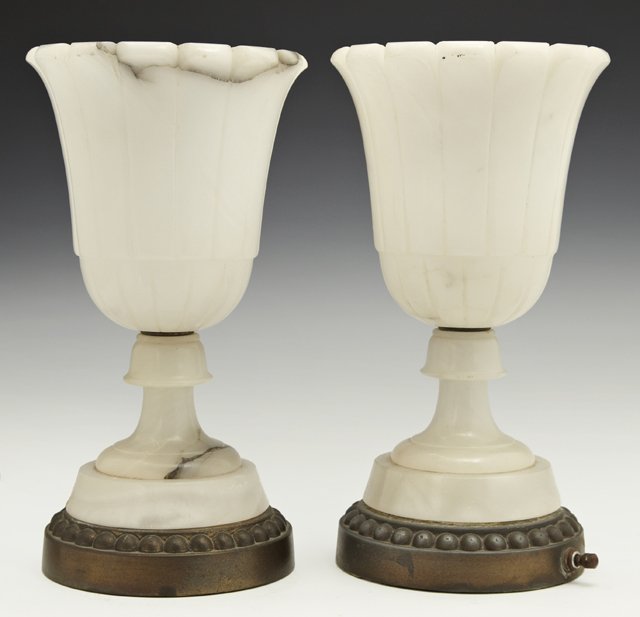 Pair of Carved Alabaster Boudoir Lamps, 20th c., of: Pair of Carved Alabaster Boudoir Lamps, 20th c., of campana urn form, on brass plated circular bases, H.- 11 in., Dia.- 6 in.