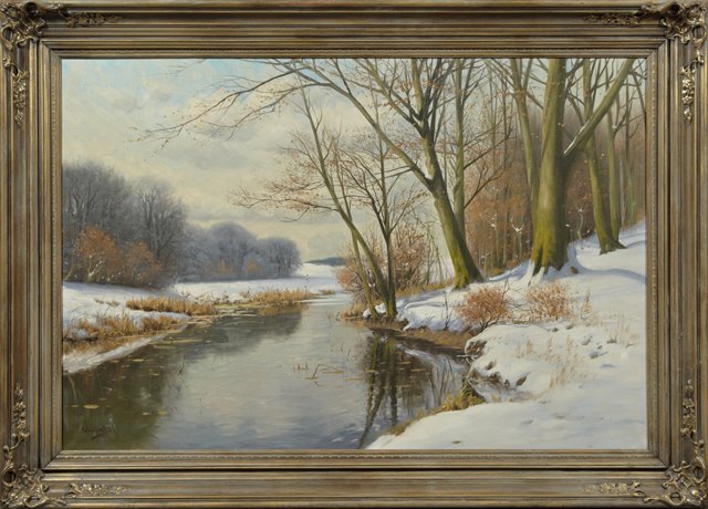 Continental School, "Snowy Lake Scene," early 20th c.,: Continental School, "Snowy Lake Scene," early 20th c., oil on canvas, signed indistinctly l.l., presented in a gilt frame, H.- 31 in., W.- 46 3/4 in.
