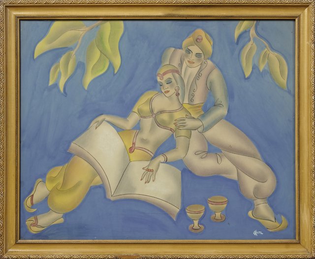 Gustave Kaitz (1913-1992), "Scherezade," 20th c.,: Gustave Kaitz (1913-1992), "Scherezade," 20th c., gouache, signed l.r., presented in a gilt frame, H.- 23 1/4 in., W.- 29 1/2 in.