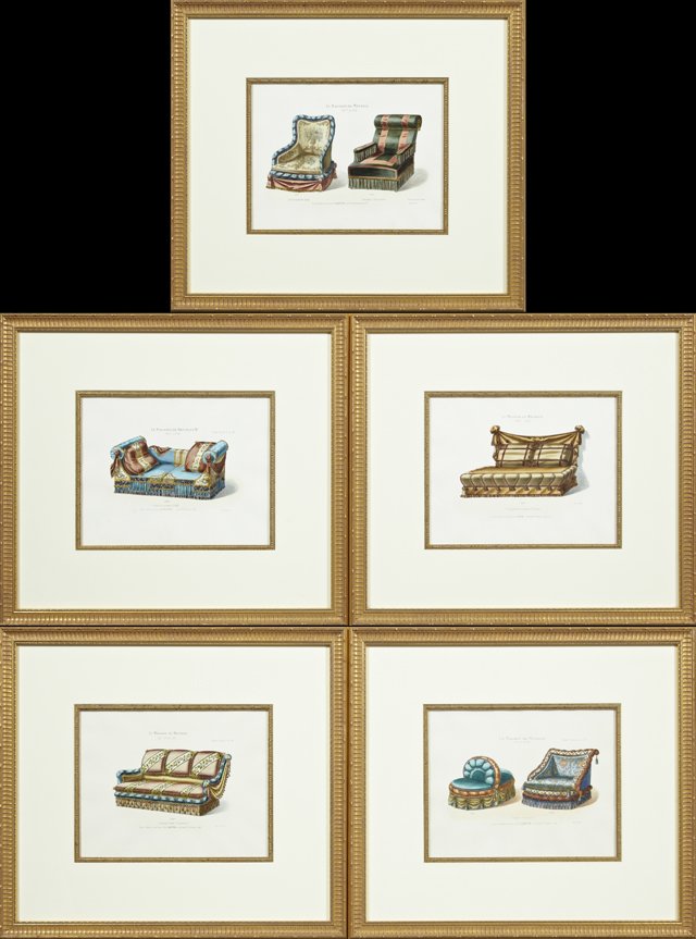 "Canape bebe Coussins," "Sieges Fantaisie," "Divan Gran: "Canape bebe Coussins," "Sieges Fantaisie," "Divan Grande," "Fauteuil Rostchild," and "Fauteuils jumeau d'Angles," 19th c., group of five hand colored prints from "Le Magasin de Meubles," presented in