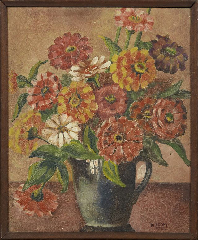 M. Frady, "Still Life of Zinnias in a Green Pitcher,": M. Frady, "Still Life of Zinnias in a Green Pitcher," 1935, oil on board, signed and dated l.r., framed, H.- 15 1/2 in., W.- 12 3/8 in.