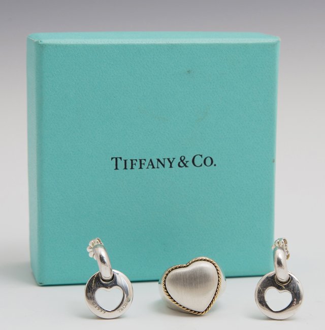 Tiffany & Co. Sterling and 18K Gold Heart Ring, size 7;: Tiffany & Co. Sterling and 18K Gold Heart Ring, size 7; together with a pair of Tiffany & Co. sterling heart earrings, earrings with original bag and box. (3 Pcs.)