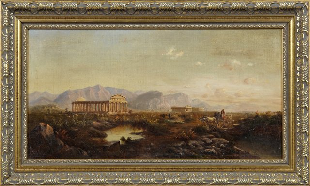 Continental School, "Classical Ruins," 19th c., oil on: Continental School, "Classical Ruins," 19th c., oil on canvas, presented in a gilt frame, H.- 10 3/4 in., W.- 21 3/4 in.