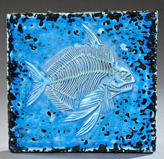 Hans Hedberg (1917-2007, Swedish), "Blue Piranha," 20th: Hans Hedberg (1917-2007, Swedish), "Blue Piranha," 20th c., glazed stoneware, signed verso, mounted on a plaster frame, H.- 15 5/8 in., W.- 16 7/8 in.