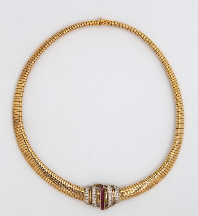 Italian 14K Yellow Gold Snake Necklace, mid 20th c.,: Italian 14K Yellow Gold Snake Necklace, mid 20th c., the center with an attached enhancer, with a central swirled band of channel set princess cut rubies flanked by two swirled bands mounted with 36 r