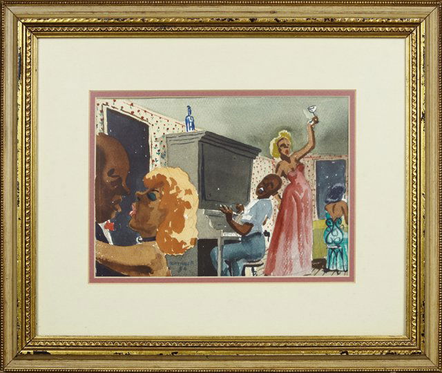 Sidney Kittinger (1921-1997, New Orleans), "The Jazz: Sidney Kittinger (1921-1997, New Orleans), "The Jazz Singer," 1954, watercolor, signed l.l., framed, H.- 7 in., W.- 10 in.