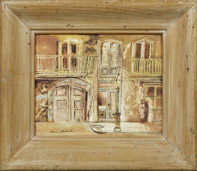 Aaron Bohrod (1907-1992, American), "French Quarter: Aaron Bohrod (1907-1992, American), "French Quarter Street Scene," mid 20th c., gouache, signed l.l., presented in a pine frame, H.- 10 3/4 in., W.- 13 5/8 in.