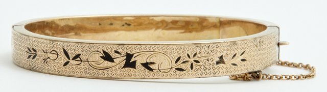 English Victorian 15K Yellow Gold and Enamel Hinged: English Victorian 15K Yellow Gold and Enamel Hinged Bangle Bracelet, c. 1882, with incised leaf decoration, the interior engraved "Johnnie to Fannie, Dec. 25, 82," with safety chain, H.- 1/4 in., Int.