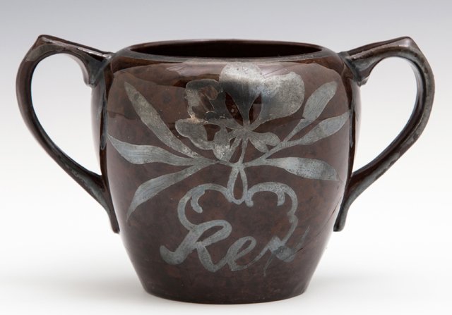 Mardi Gras Ball Favor, Rex, 1915, in the form of a: Mardi Gras Ball Favor, Rex, 1915, in the form of a brown silver depose ceramic handled sugar bowl, H.- 3 1/2 in., W.- 6 in., D.- 3 3/4 in.