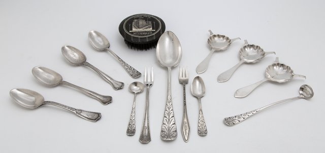 Group of Fourteen Pieces of New Orleans Memorabilia,: Group of Fourteen Pieces of New Orleans Memorabilia, early 20th c., consisting of three sterling Cafe Brulot spoons from Adler's; a silverplated pickle fork from the Roosevelt Hotel; 9 assorted silver