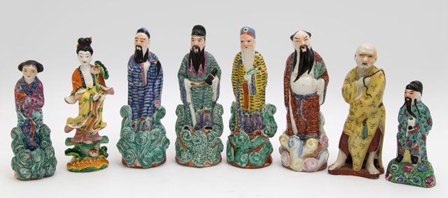 Group of Eigh Oriental Polychromed Earthenware Figures,: Group of Eight Oriental Polychromed Earthenware Figures, 20th c., Tallest- H.- 7 in., Dia.- 2 1/2 in.