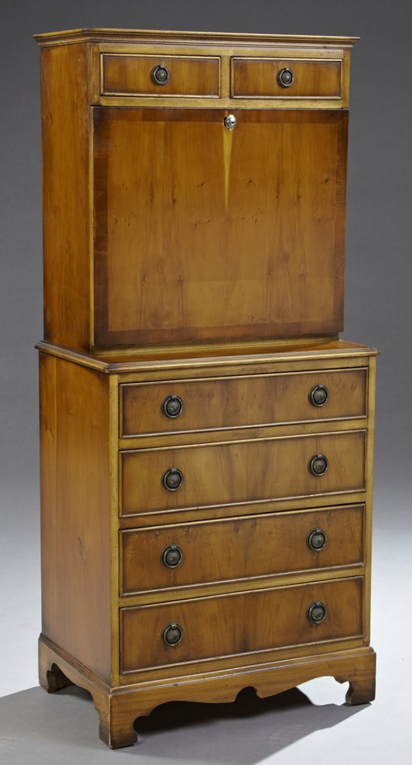 Chippendale Style Carved Mahogany and Cherry Secretary,: Chippendale Style Carved Mahogany and Cherry Secretary, 20th c., the rectangular stepped ogee top over two frieze drawers above a fall front with inset tooled green leather, opening to a fitted interi