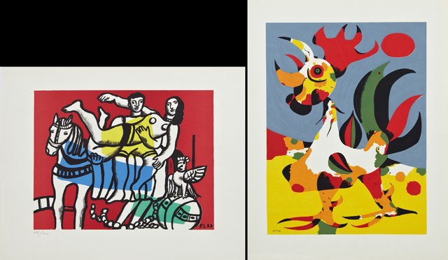 After Fernand Leger (1881-1955), "Circus," 27/200,: After Fernand Leger (1881-1955), "Circus," 27/200, together with Joan Miro (1893-1983), "Rooster," 20th c., two color lithographs, shrink wrapped, Rooster- H.- 26 in., W.- 20 in.