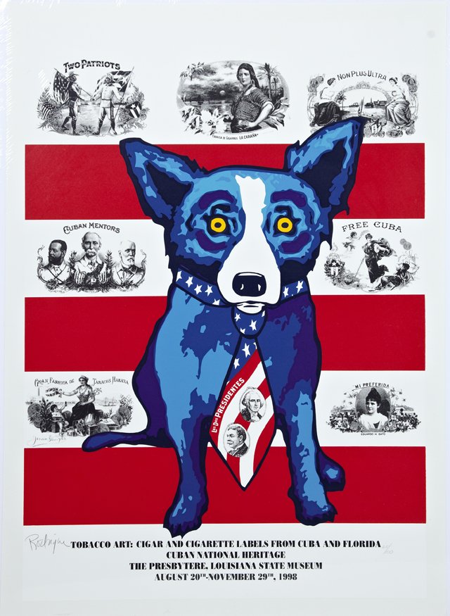 George Rodrigue (1944-2013) "Tobacco Art: Cigar and: George Rodrigue (1944-2013) "Tobacco Art: Cigar and Cigarette Labels from Cuba and Florida," limited edition exhibition poster from "Celebrating Cuban National Heritage," The Presbytere, Louisiana Sta