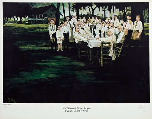 George Rodrigue (1944-2013), "Aioli Dinner," poster,: George Rodrigue (1944-2013), "Aioli Dinner," poster, 258/300, pencil numbered l.l. margin, pencil signed l.r. margin, shrink wrapped, H.- 22 in., W.- 28 in.