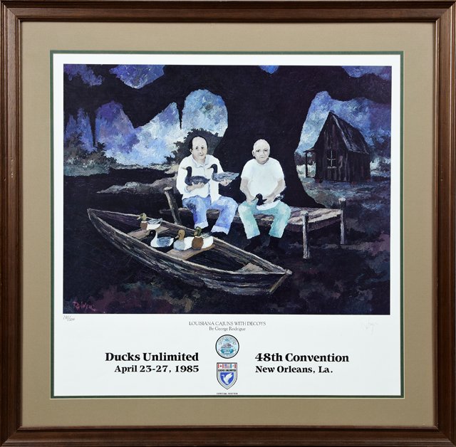 George Rodrigue (1944-2013), "Louisiana Cajuns with: George Rodrigue (1944-2013), "Louisiana Cajuns with Decoys," 191/500, poster for Ducks Unlimited 48th Convention, April 23-27, 1985, pencil numbered l.l. margin, pencil signed l.r. margin, framed, H.-