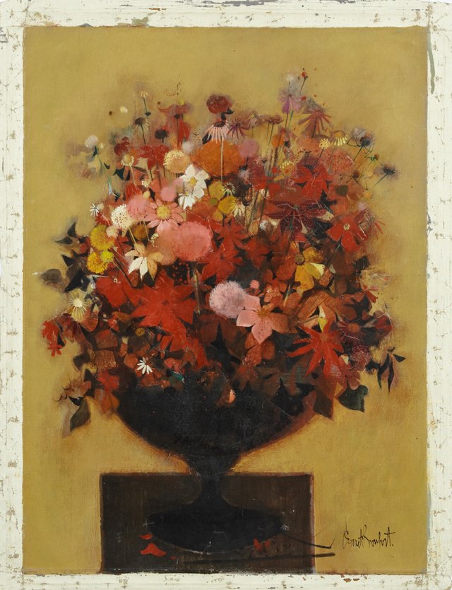 Robert Vernet Bonfort (1934- , French), "Still Life of: Robert Vernet Bonfort (1934- , French), "Still Life of Red Flowers in a Black Vase" and "Still Life of a Bouquet in a White Vase," two oils on canvas, 20th c., both signed l.r., unstretched, shrink wr