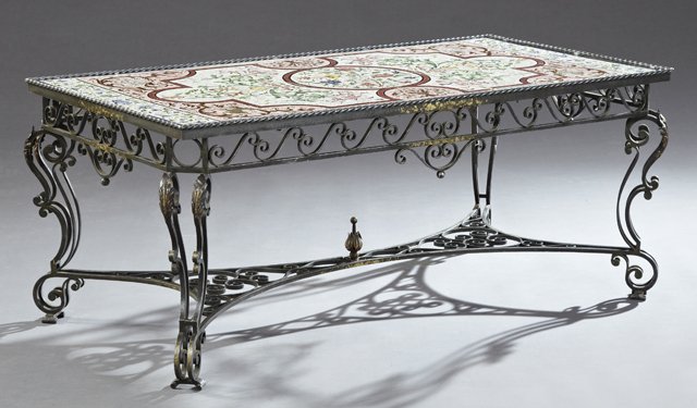 Italian Modern Parcel Gilt Ceramic and Wrought Iron: Italian Modern Parcel Gilt Ceramic and Wrought Iron Coffee Table, 20th c., the colorful inset thirty-two tile top within a twist edge, over a wide pierced scrolling skirt on double cabriole legs joine