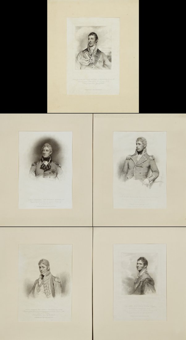 Group of Five English Prints of Military Officers, 19th: Group of Five English Prints of Military Officers, 19th c., consisting of Lieut General Sir Thomas Picton; Henry William Paget; Sir Thomas Troubridge; Sir Harry Burrard Neale; and The Duke of Wellingt