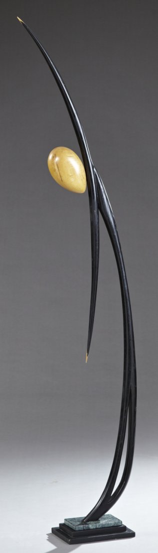 Unusual Mid-Century Modern Carved and Ebonized Mahogany: Unusual Mid-Century Modern Carved and Ebonized Mahogany Sculpture, on a verde antico marble mounted stepped wood base, H.- 80 in., W.- 8 in., D.- 18 in.