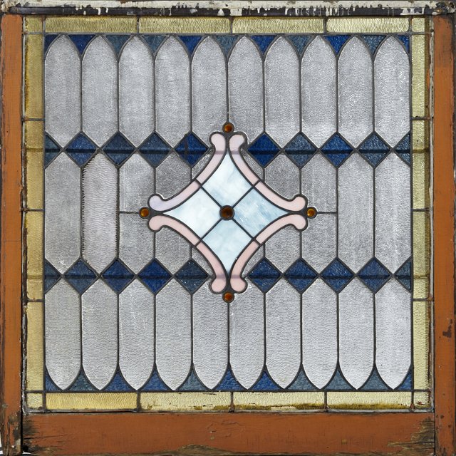 American Slag Glass Leaded Stained Glass Panel, c.: American Slag Glass Leaded Stained Glass Panel, c. 1880, with clear textured panels and a central slag glass diamond, in original frame, Frame- H.- 34 1/2 in., W.- 34 1/2 in.