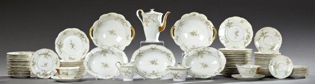 Seventy-Four Piece Set of Porcelain Dinnerware, early: Seventy-Four Piece Set of Porcelain Dinnerware, early 20th c., by Theodore Haviland, New York, in the "Rosalinde" pattern, consisting of 16 luncheon plates, 16 bread and butter plates, 16 saucers, 8 s