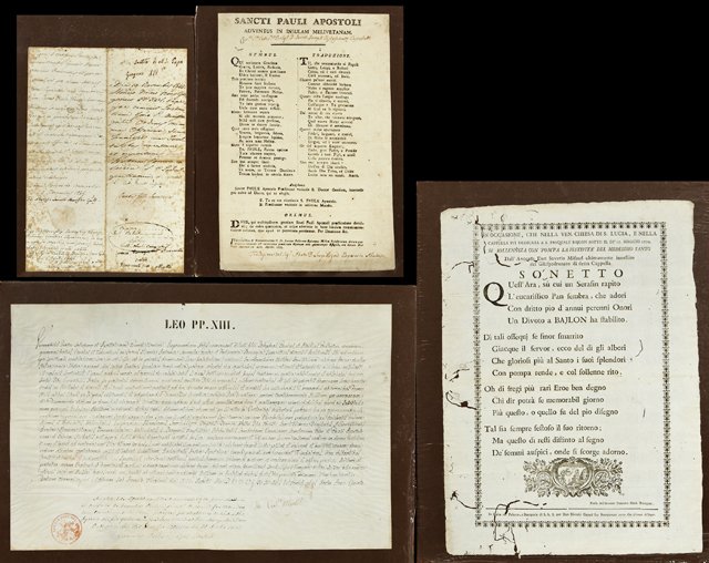 Group of Four Documents, consisting of a Papal letter: Group of Four Documents, consisting of a Papal letter from Leo XIII; a Papal document from Gregory XVI; a printed sonnet from 1770; and a printed leaf from Sancti Pauli Apostali, 1775, each shrink wra