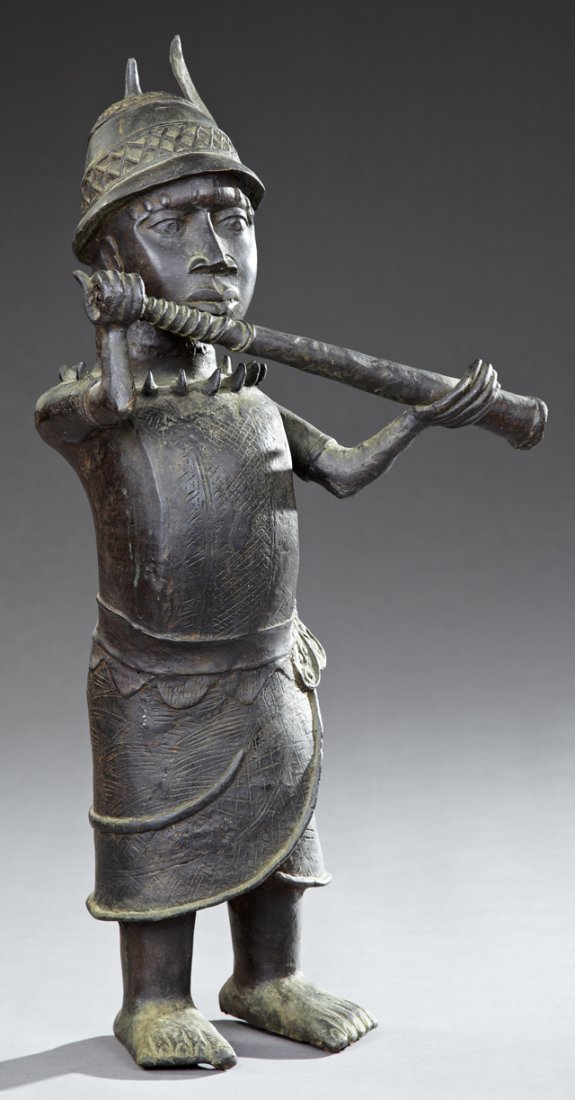 African Benin Bronze Court Figure of a Man with a: African Benin Bronze Court Figure of a Man with a Flute, H.- 30 in., W.- 15 in., D.- 7 1/2 in.