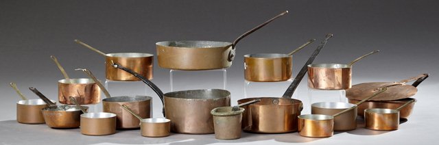 Group of Eighteen Pieces of Copper Kitchenware, 19th c.: Group of Eighteen Pieces of Copper Kitchenware, 19th c. and 20th c., consisting of 17 saucepans and one lid, Largest- H.- 8 in., W.- 20 in., D.- 12 in. (18 Pcs.)