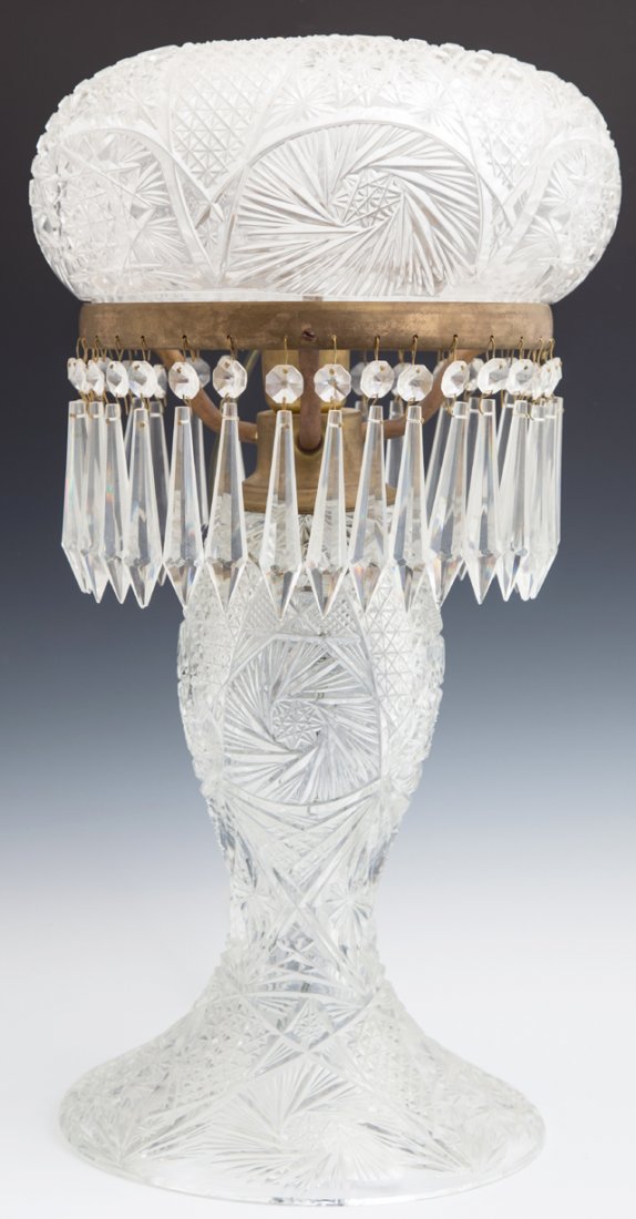 Leaded Glass Mushroom Lamp, 20th c., prism hung, on a: Leaded Glass Mushroom Lamp, 20th c., prism hung, on a baluster support to a circular base, H.- 20 in., Dia.- 10 1/2 in.