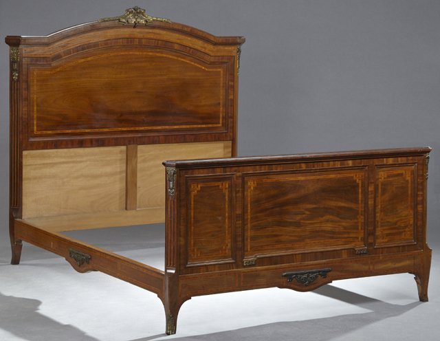 Louis XV Style Carved Inlaid Rosewood Ormolu Mounted: Louis XV Style Carved Inlaid Rosewood Ormolu Mounted Bed, early 20th c., the arched ormolu mounted headboard flanked by inlaid stiles, with inlaid ormolu mounted rails to an inlaid ormolu mounted foot