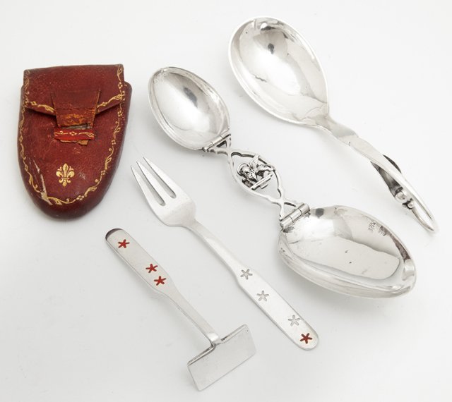 Group of Four Sterling Pieces, consisting of a Georg: Group of Four Sterling Pieces, consisting of a Georg Jenson "Peapod" jam spoon, and a two piece enameled child's set by Michelsen, Denmark, together with a folding two part medicine spoon in original 