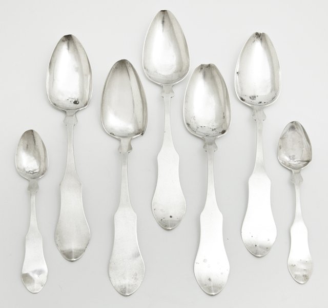Group of Seven Fiddle Back Coin Silver Spoons, 19th c.,: Group of Seven Fiddle Back Coin Silver Spoons, 19th c., by A.G. Medley, Louisville, consisting of 5 soup spoons and two teaspoons, Soups- H.- 8 3/8 in., Wt.- 7.9 troy oz.