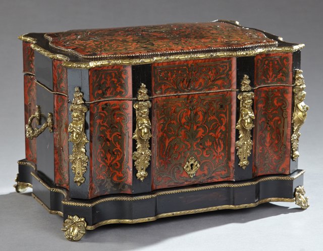 French Ormolu Mounted Ebonized Rosewood Red Boulle Cave: French Ormolu Mounted Ebonized Rosewood Red Boulle Cave a Liqueur, late 19th c., the shaped folding top with bronze caryatid mounts, on four scrolled feet, H.- 10 7/8 in., W.- 16 1/2 in., D.- 11 1/2 i