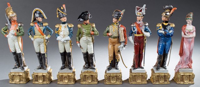 Group of Eight Polychromed Porcelain Capodimonte: Group of Eight Polychromed Porcelain Capodimonte Figures, 20th c., of Napoleon, Josephine, and six of Napoleon's generals, on integral gilt bases, H.- 11 3/4 in.