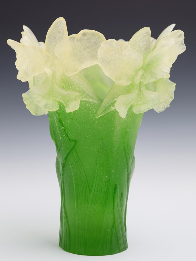 Daum Pate de Verre "Orchids" Vase, 20th c., in green: Daum Pate de Verre "Orchids" Vase, 20th c., in green and yellow frosted glass, decorated with relief naturalistic orchid blossoms, the sides with relief leaves, signed on the underside of the base, H.
