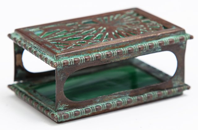 Tiffany Studios Pine Needle Bronze and Slag Glass Match: Tiffany Studios Pine Needle Bronze and Slag Glass Match Safe, #959, H.- 1 3/16 in., W.- 2 9/16 in., D.- 1 3/4 in.